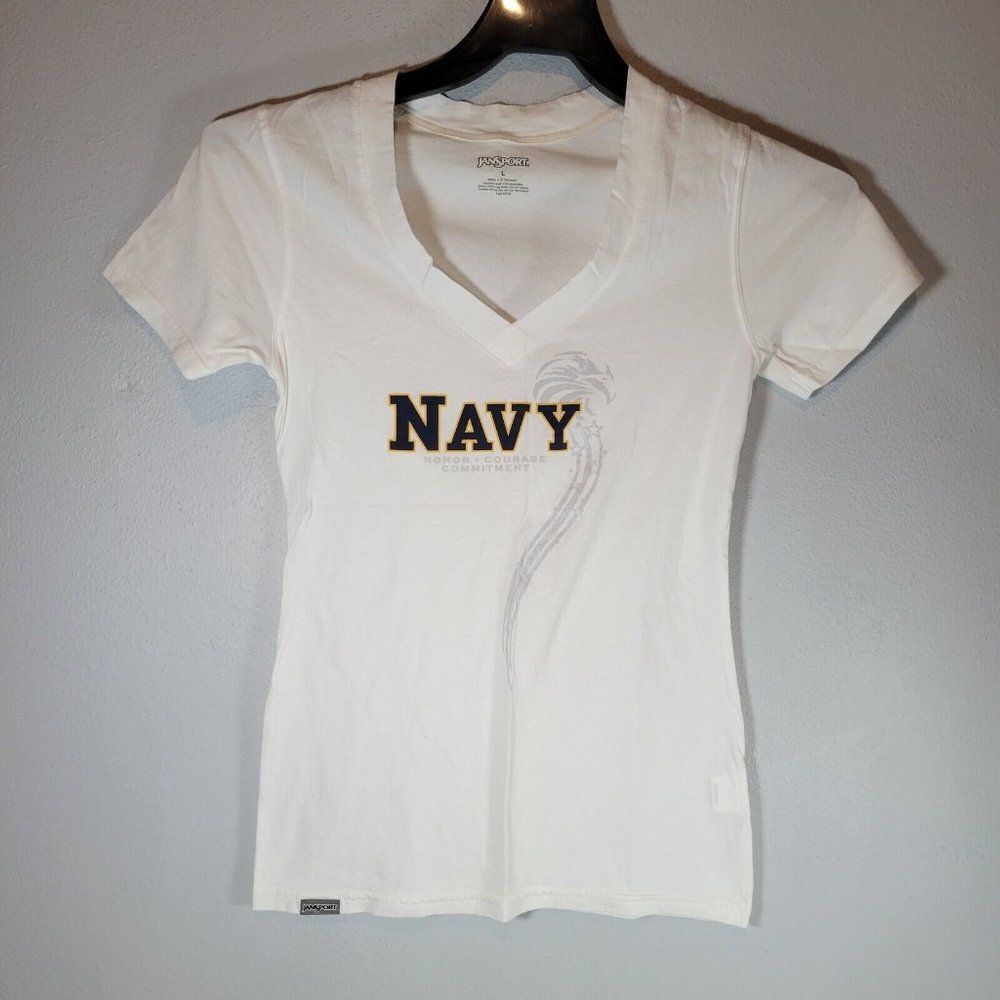 Navy Jansport Womens T-Shirt White V-Neck Size Large